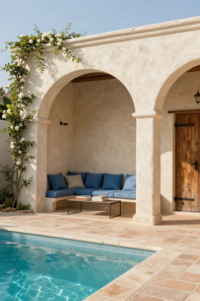 Beige stucco wall with arched alcove featuring built-in bench with blue and gray cushions, low metal table with books, wooden door, climbing green vines with white flowers, adjacent to turquoise pool with light stone decking.