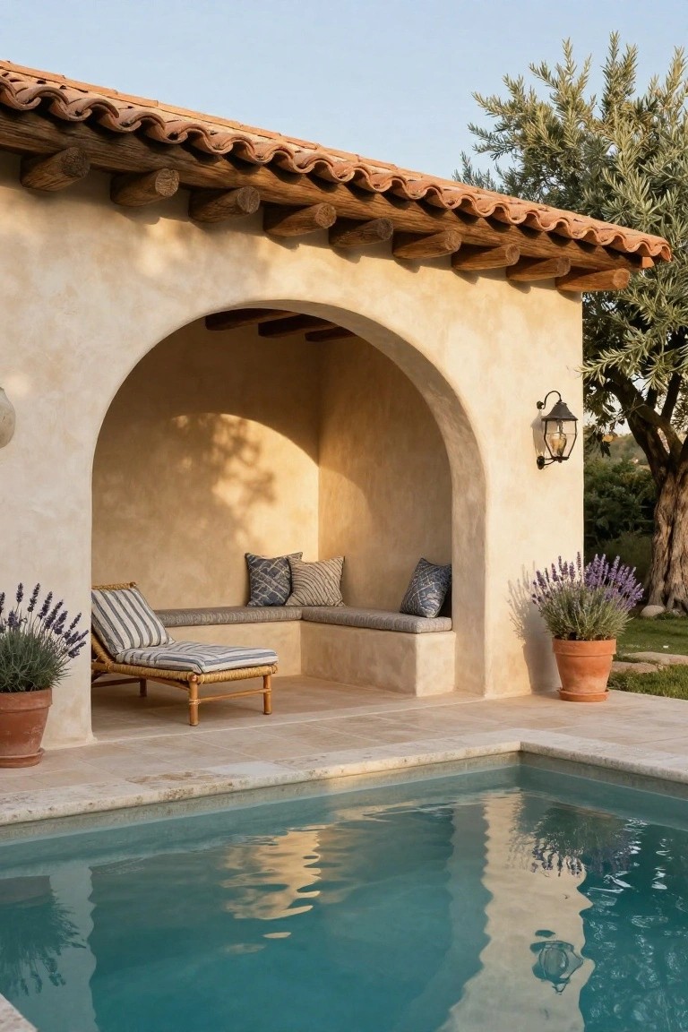 Beige stucco pool house structure with terracotta tile roof, arched opening containing built-in cushioned bench and rattan chaise lounge, potted lavender plants, next to turquoise pool.