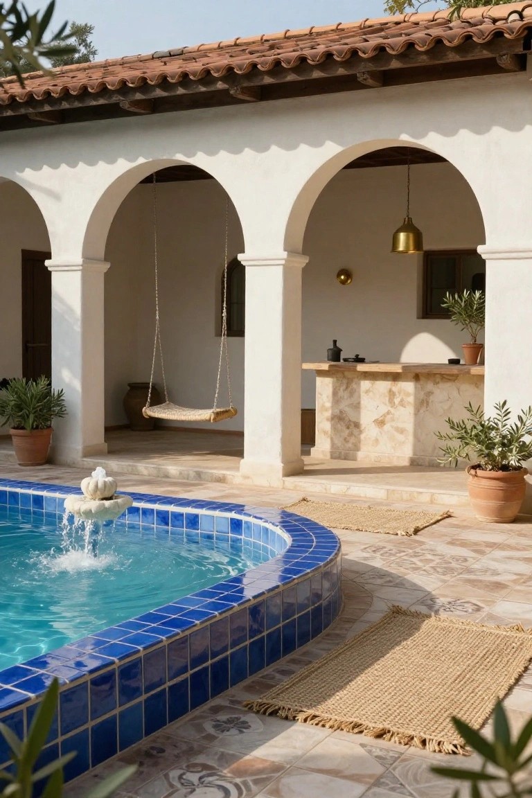 White stucco porch with three arches, a hanging woven swing bed, stone bar counter with bottles and plants, next to a curved blue-tiled pool featuring a fountain and terracotta potted plants on tiled patio.