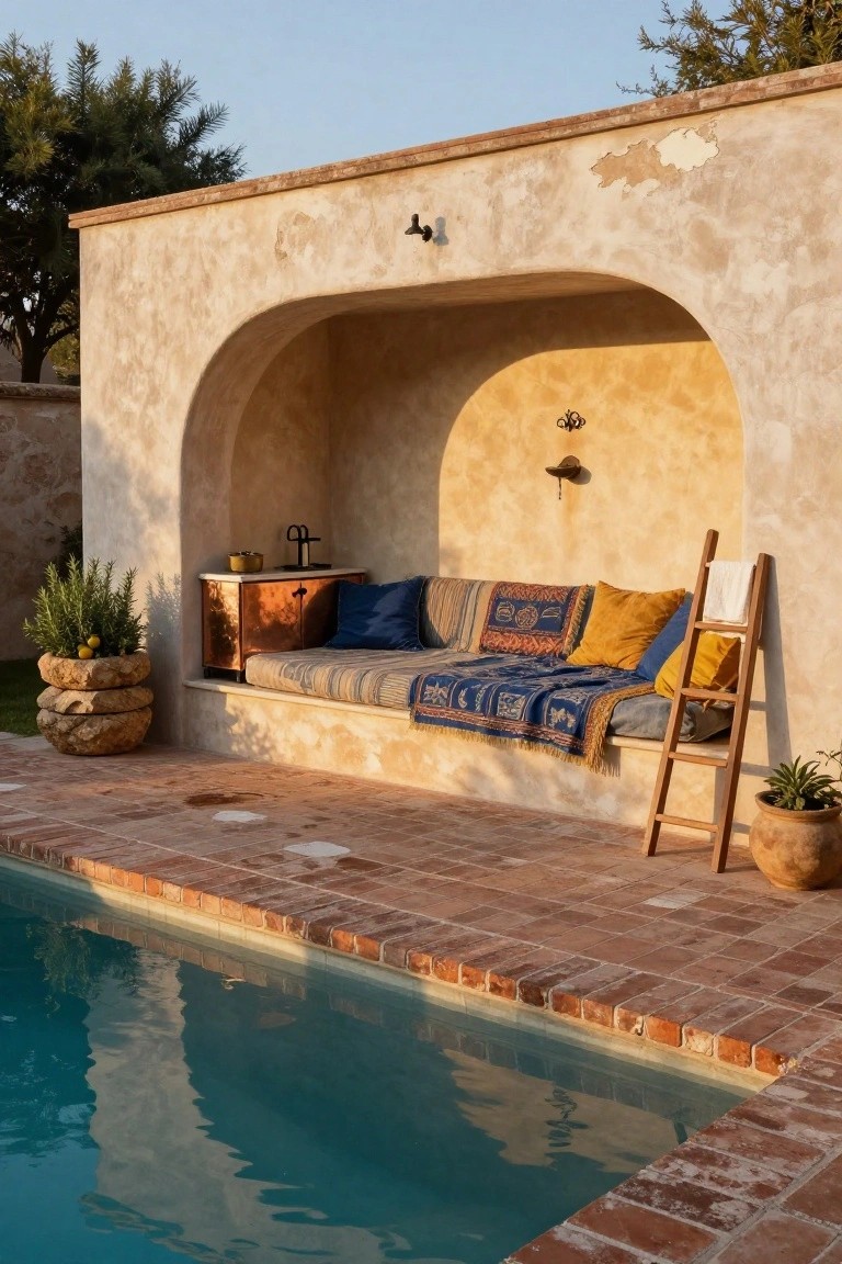 Stucco wall with arched alcove featuring built-in bench piled with blue, orange, and yellow pillows and blankets, copper side cabinet, potted plants, wooden ladder with towel, next to turquoise pool on brick deck.