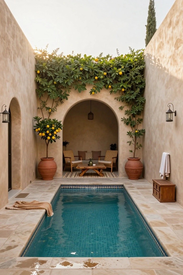 Narrow rectangular pool with turquoise tiles in a beige stucco courtyard, flanked by large terracotta pots containing citrus trees with yellow fruit, arched seating area with wicker furniture and low table, wall lanterns, and overhead vine-covered archway.