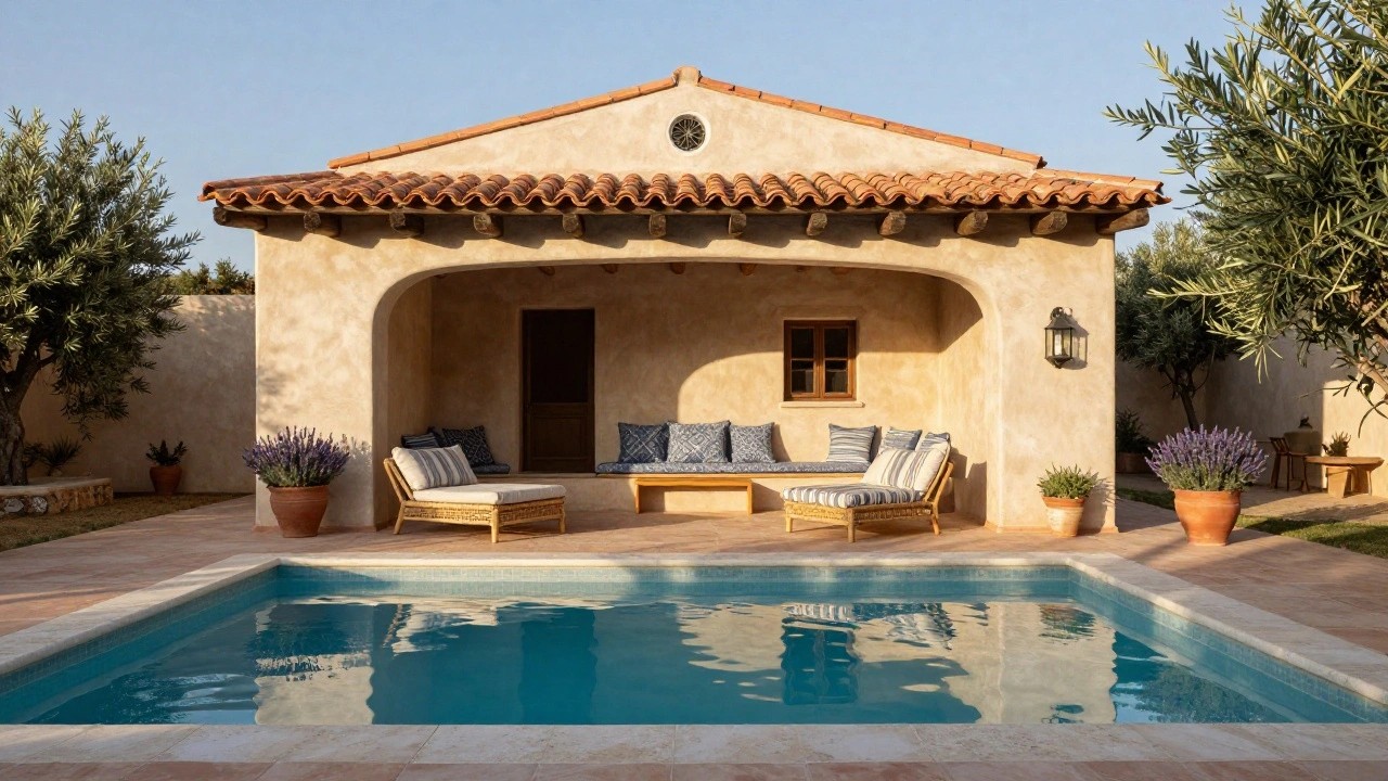 Beige stucco pool house structure with terracotta tile roof, arched opening containing built-in cushioned bench and rattan chaise lounge, potted lavender plants, next to turquoise pool.