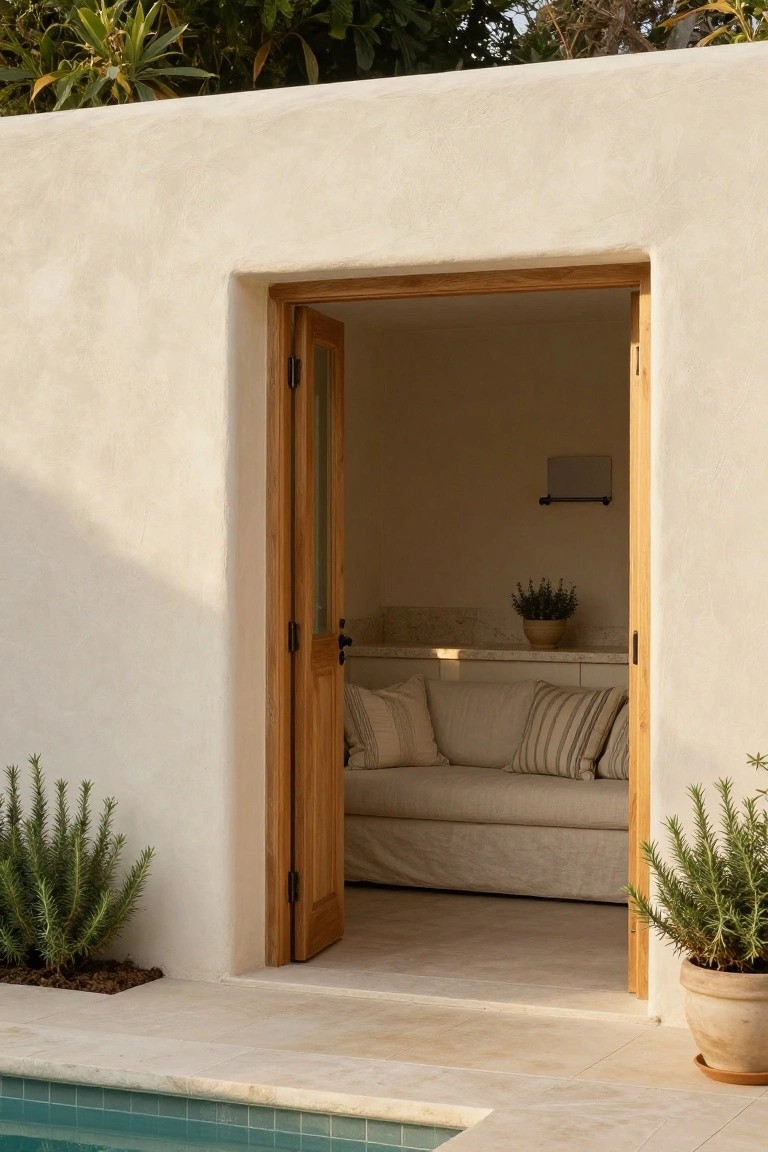 White stucco pool house wall with open oak double doors revealing a beige sofa, cushions, lavender plant, and counter inside, adjacent to turquoise pool tile deck flanked by potted rosemary plants.