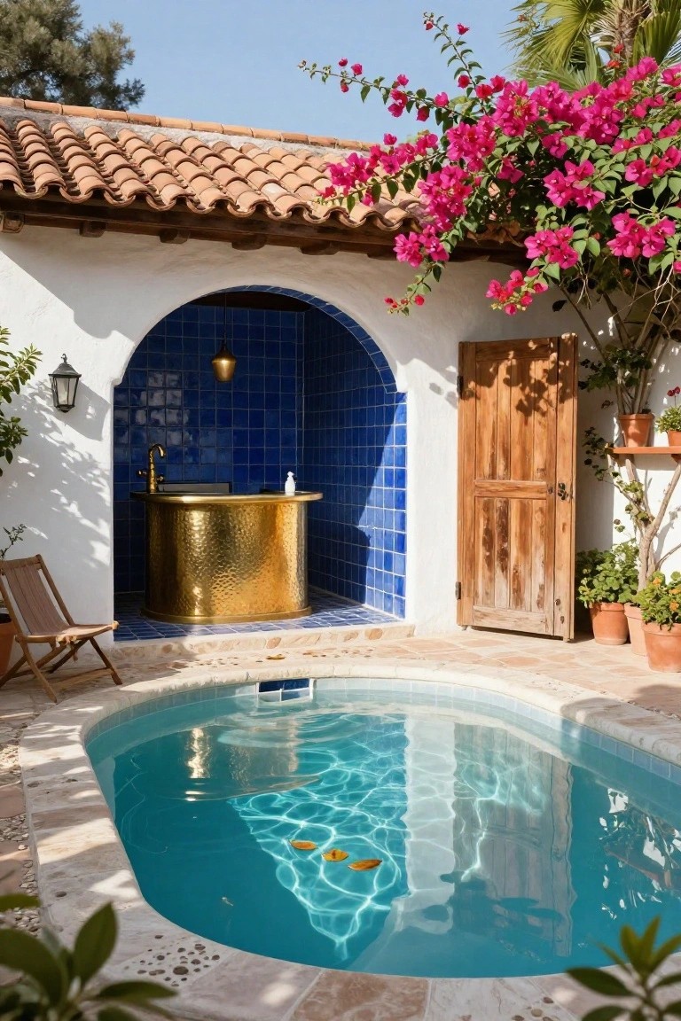 Small turquoise plunge pool next to white stucco wall with arched blue-tiled alcove containing brass sink and shower faucet, wooden door, lounge chair, potted plants, and pink bougainvillea vines overhead.