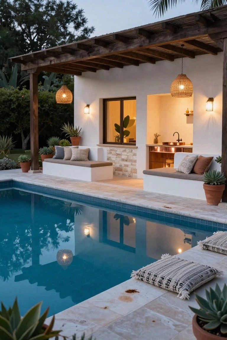 White stucco pool house cabana with built-in cushioned benches, copper sink bar, woven pendant lights, potted plants, and adjacent turquoise pool at dusk.