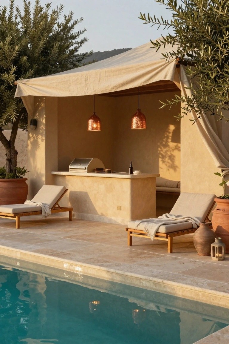 Beige fabric canopy covers an outdoor kitchen bar with stainless steel grill, copper pendant lights, wooden lounge chairs with white cushions and throws, potted olive trees and plants beside a turquoise pool on beige tile decking.