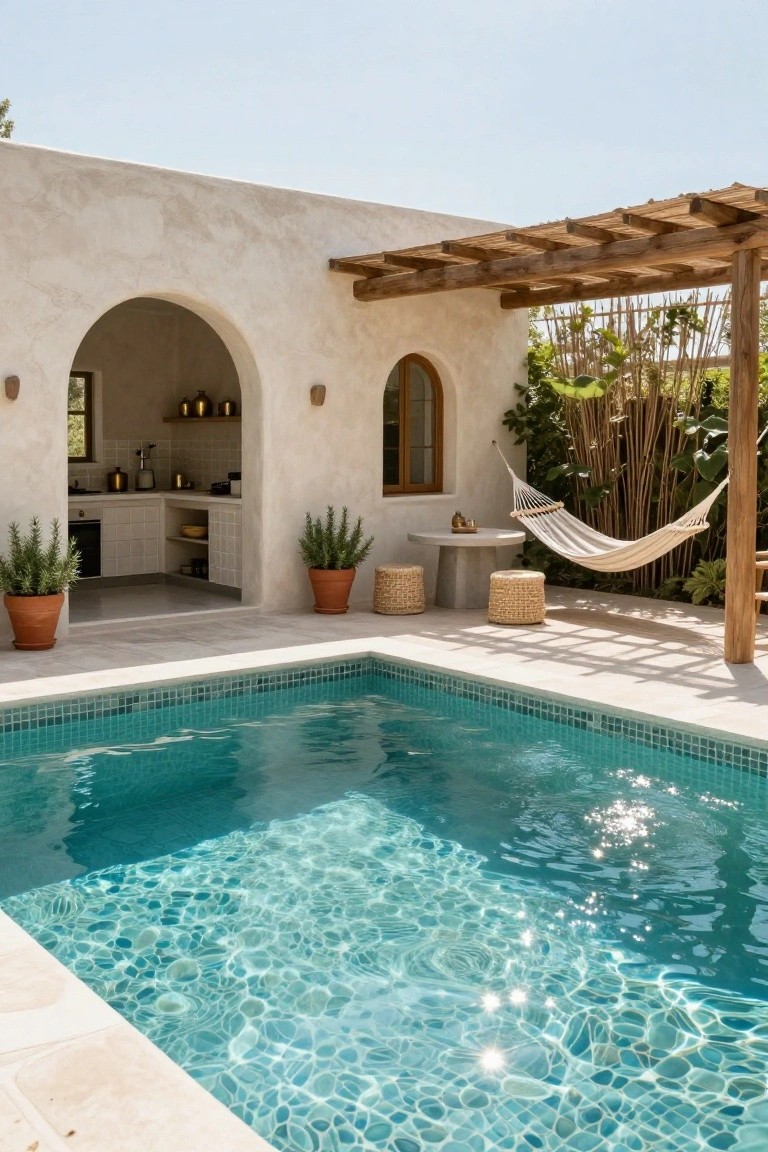 White stucco wall with arched opening to an outdoor kitchen adjacent to a turquoise mosaic-tiled pool, wooden pergola with white hammock, potted plants, woven stools, and small table on light tile deck under clear blue sky.