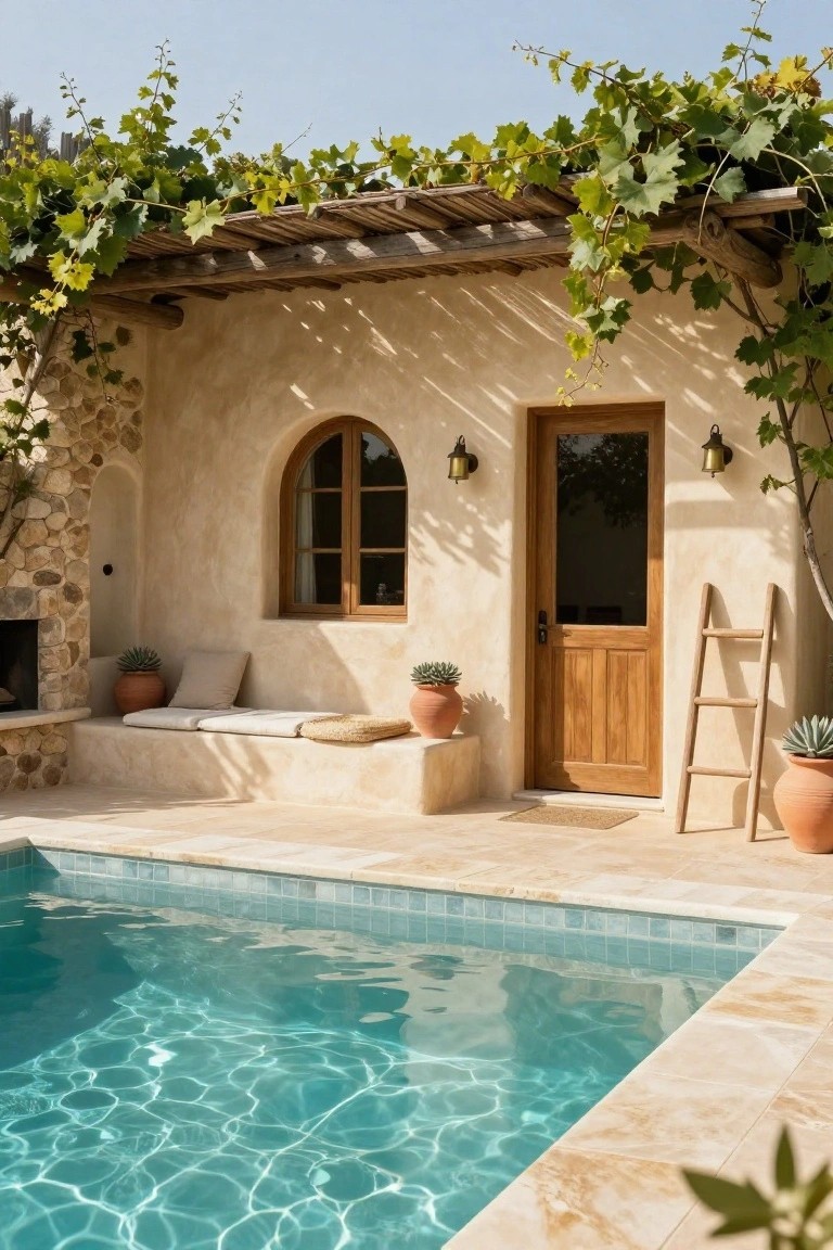 Beige stucco pool house exterior featuring vine-covered pergola, arched wooden window, wooden door with lanterns, built-in cushioned bench, potted succulents, terracotta pots, wooden ladder, and adjacent small pool with turquoise water.