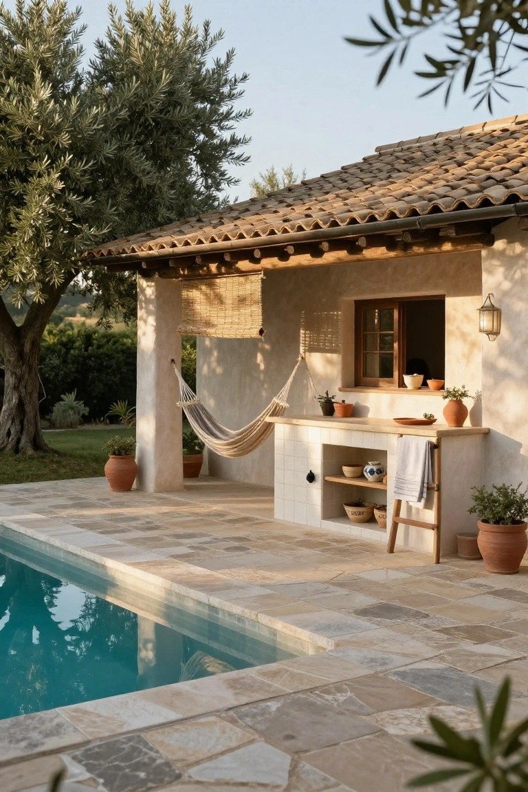 Stucco pool house exterior with built-in white tiled countertop bar, hanging gray hammock, open shelves, wooden stool ladder, potted plants, and turquoise pool on beige stone deck surrounded by olive trees.