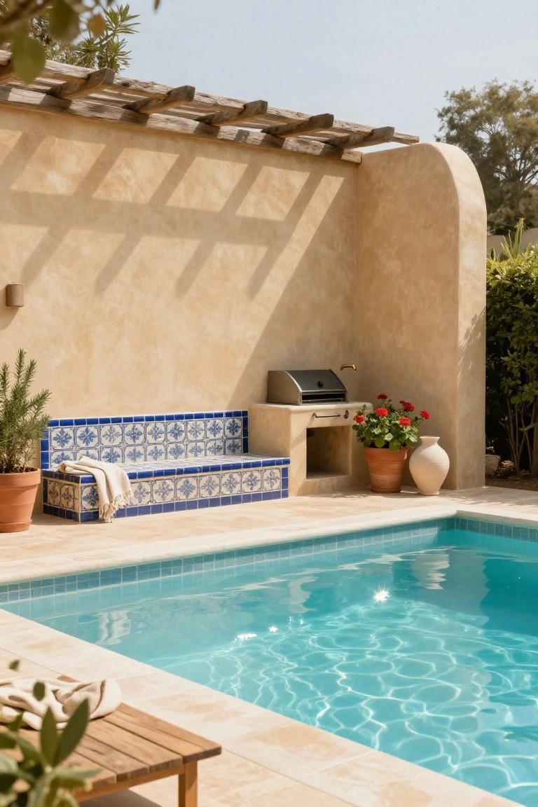 Compact turquoise pool with adjacent built-in beige bench trimmed in blue patterned tiles, countertop barbecue grill, potted red geraniums and other plants, wooden chaise lounge, and stucco walls under wooden pergola.