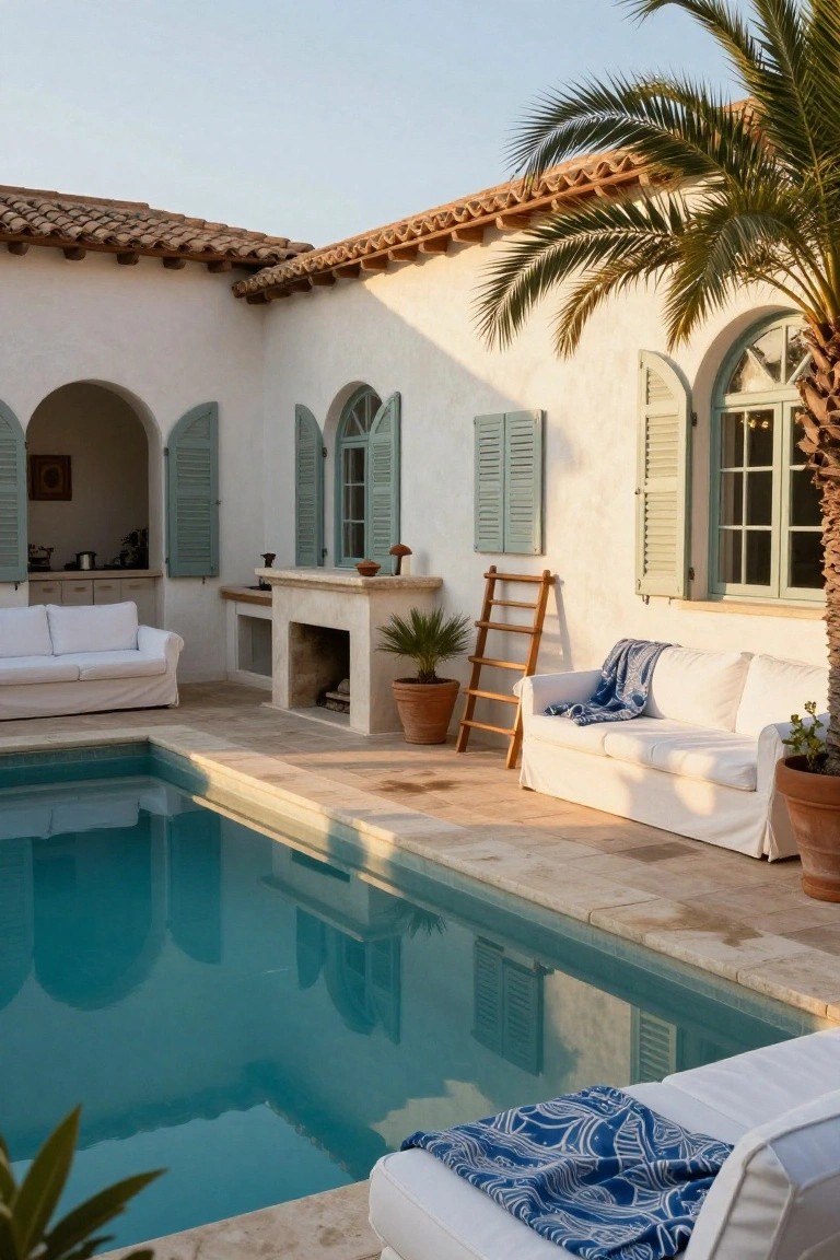 White slipcovered sofas on a stone terrace next to a turquoise pool and built-in stone outdoor fireplace, with green shutters on arched windows of a white stucco house, potted plants, wooden ladder, and palm trees.
