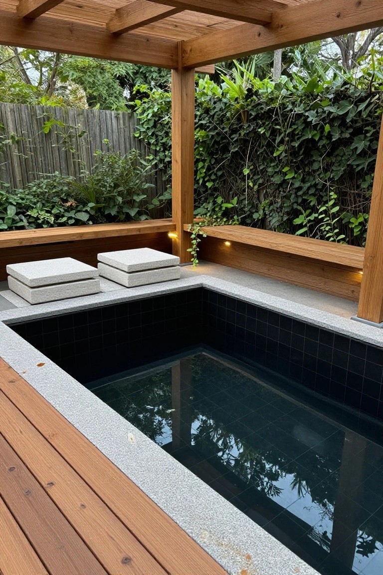 Small square pool with black tiles under a wooden pergola structure, flanked by two white stone cube benches on a gray stone edge, with wooden decking and surrounding greenery.