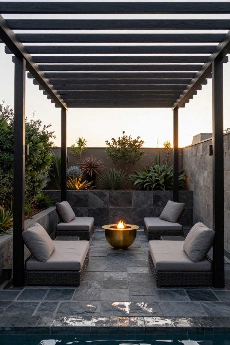 Black timber pergola over low beige loungers arranged around a golden fire bowl on dark slate patio tiles next to a rectangular pool, with succulents and agaves in raised beds along stone walls.