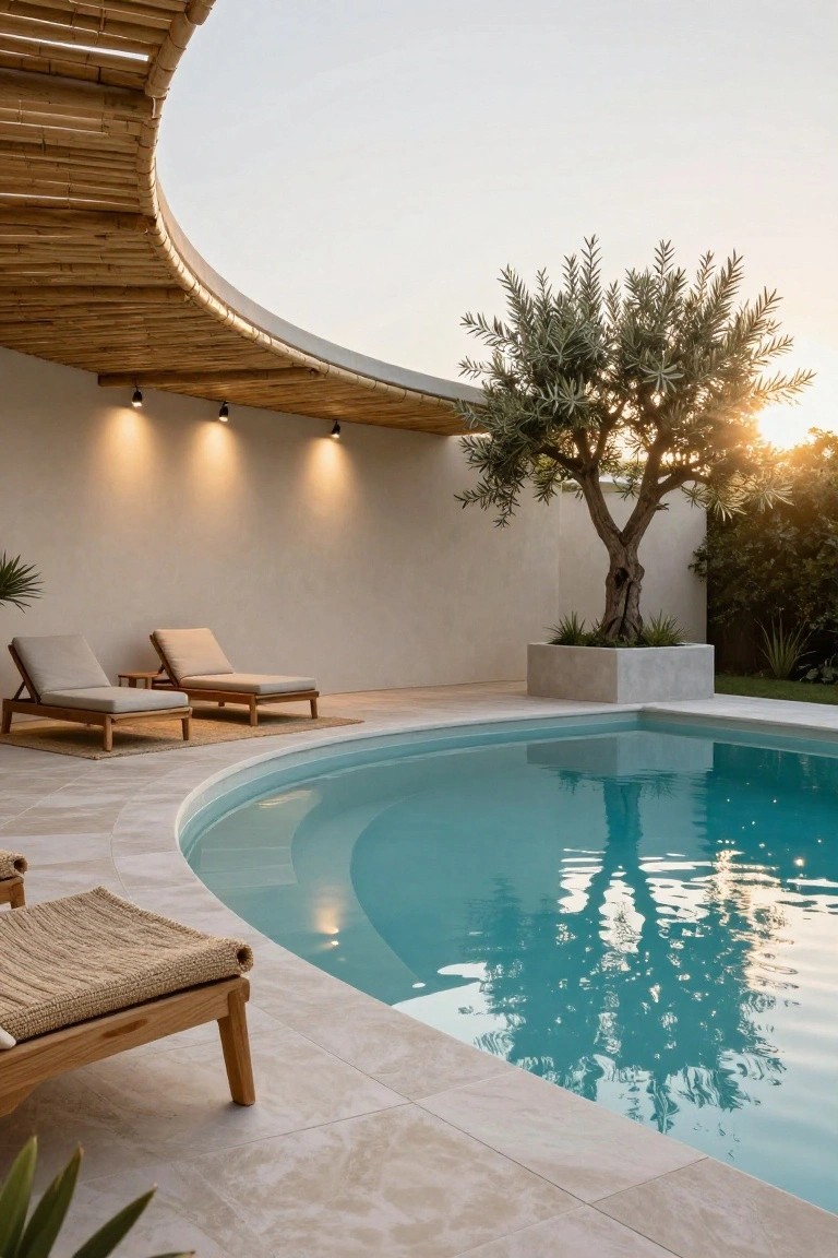 Curved bamboo pergola overhead above a turquoise curved pool edged in beige tile, with two wooden loungers, an olive tree in a concrete planter, potted plants, and white stucco walls at sunset.