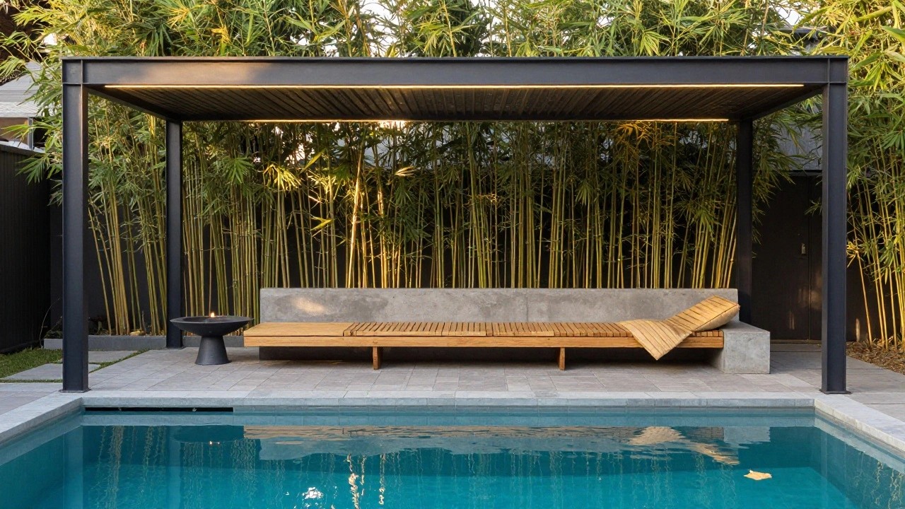 Modern L-shaped pool with turquoise water and gray concrete surround, black louvered pergola overhead, wooden bench along concrete wall, black metal fire pit bowl, and tall bamboo privacy screen.