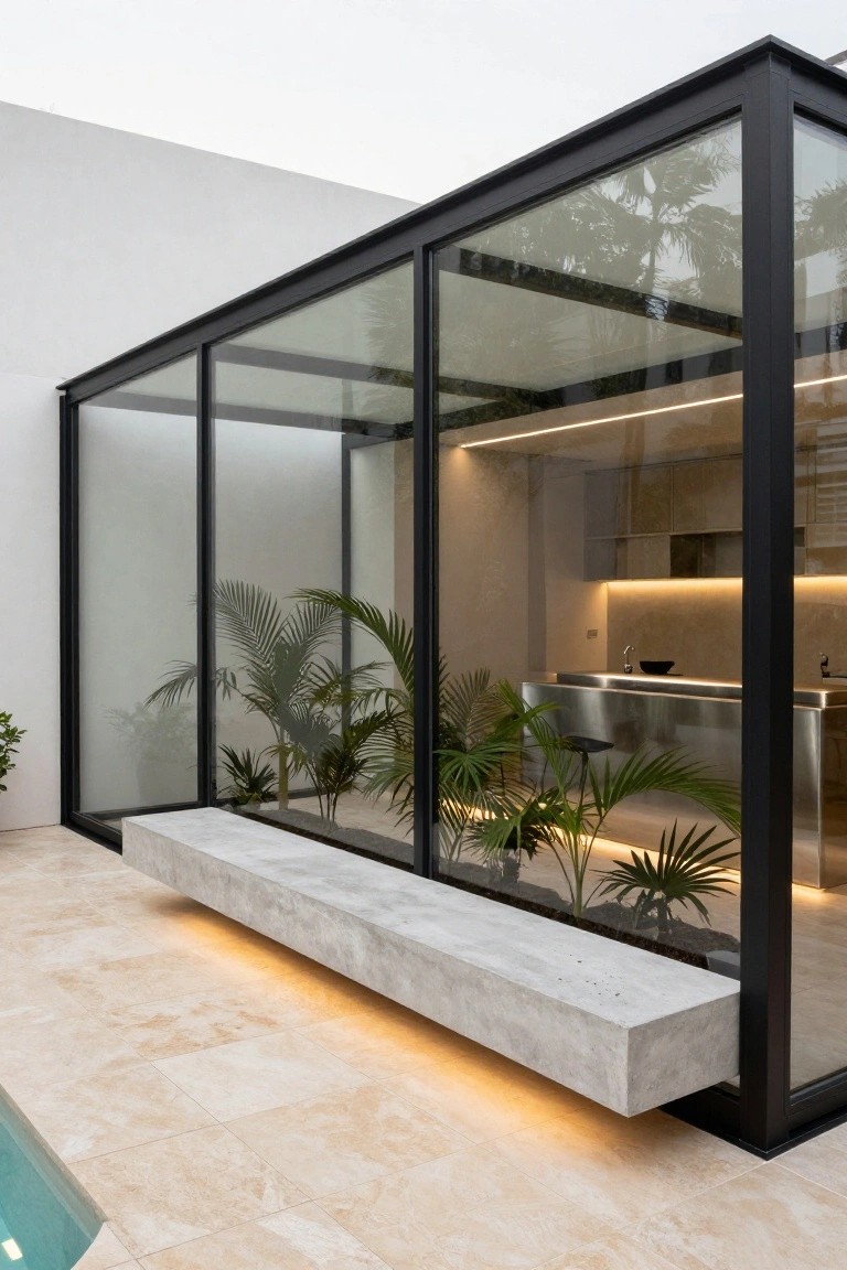 Modern black-framed glass pavilion enclosing an outdoor kitchen next to a pool, with potted palms inside, stainless counters, and a concrete bench on beige tiled patio.