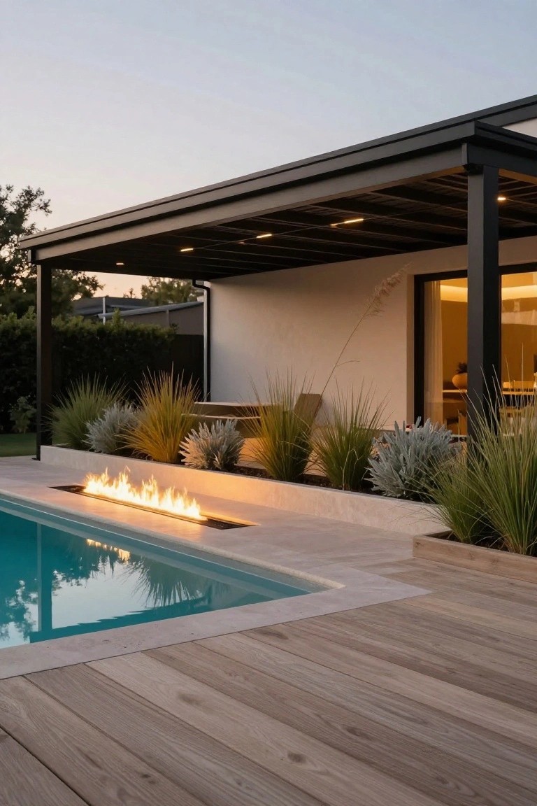 Modern poolside outdoor area with a long linear gas fire pit embedded in light stone edging, surrounded by ornamental grasses and plants, under a black metal pergola on a wooden deck at dusk.