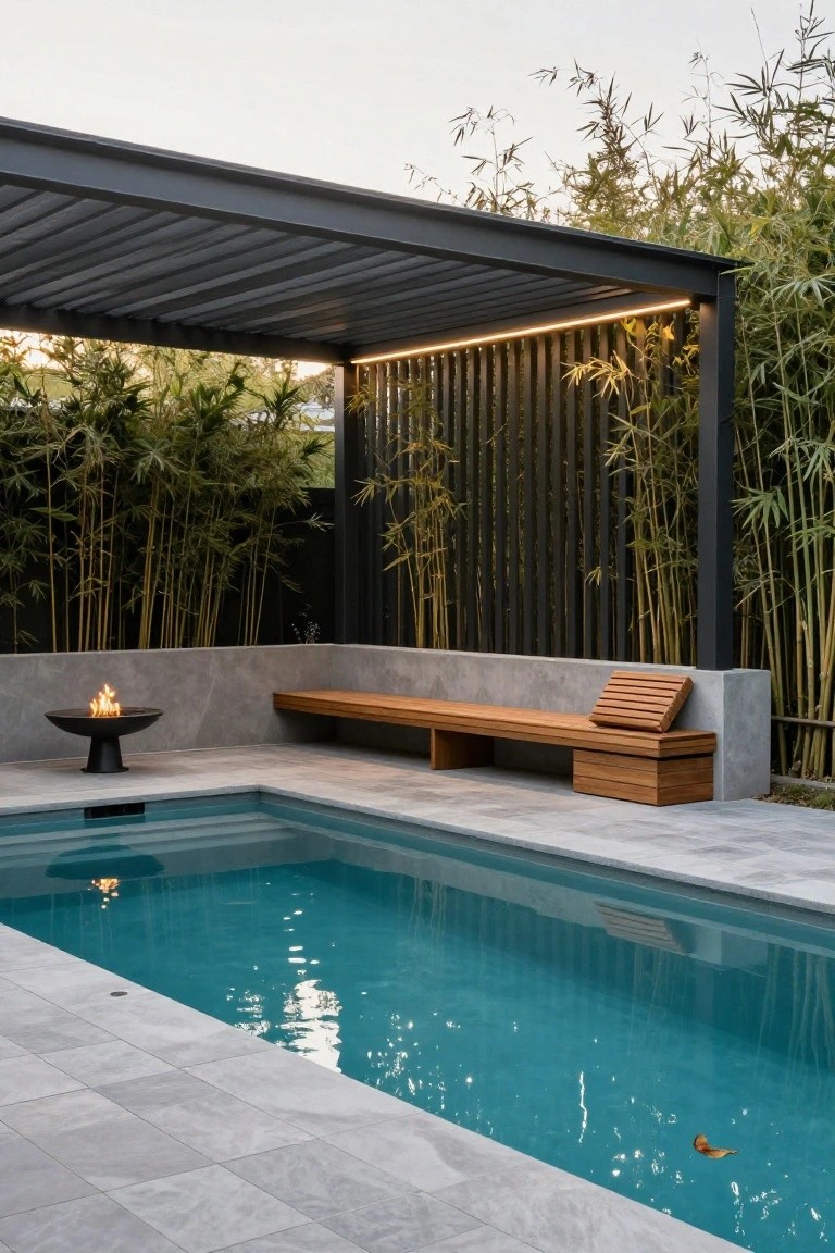 Modern L-shaped pool with turquoise water and gray concrete surround, black louvered pergola overhead, wooden bench along concrete wall, black metal fire pit bowl, and tall bamboo privacy screen.