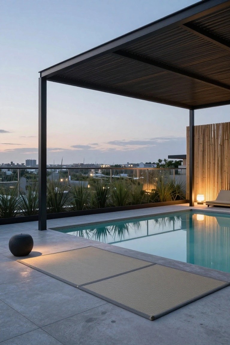 Rooftop infinity-edge pool at dusk under a black metal pergola with slatted roof and vertical supports, adjacent to tatami mats, a black orb planter, lounge chair, and potted plants overlooking a cityscape.