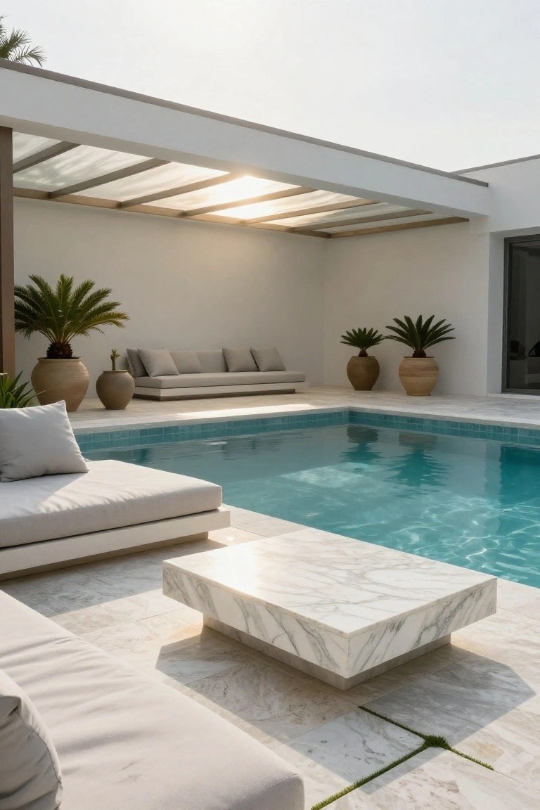 White minimalist pergola with glass roof covering outdoor seating area by turquoise pool, featuring beige sofas, marble coffee table, potted palms, and travertine tiles