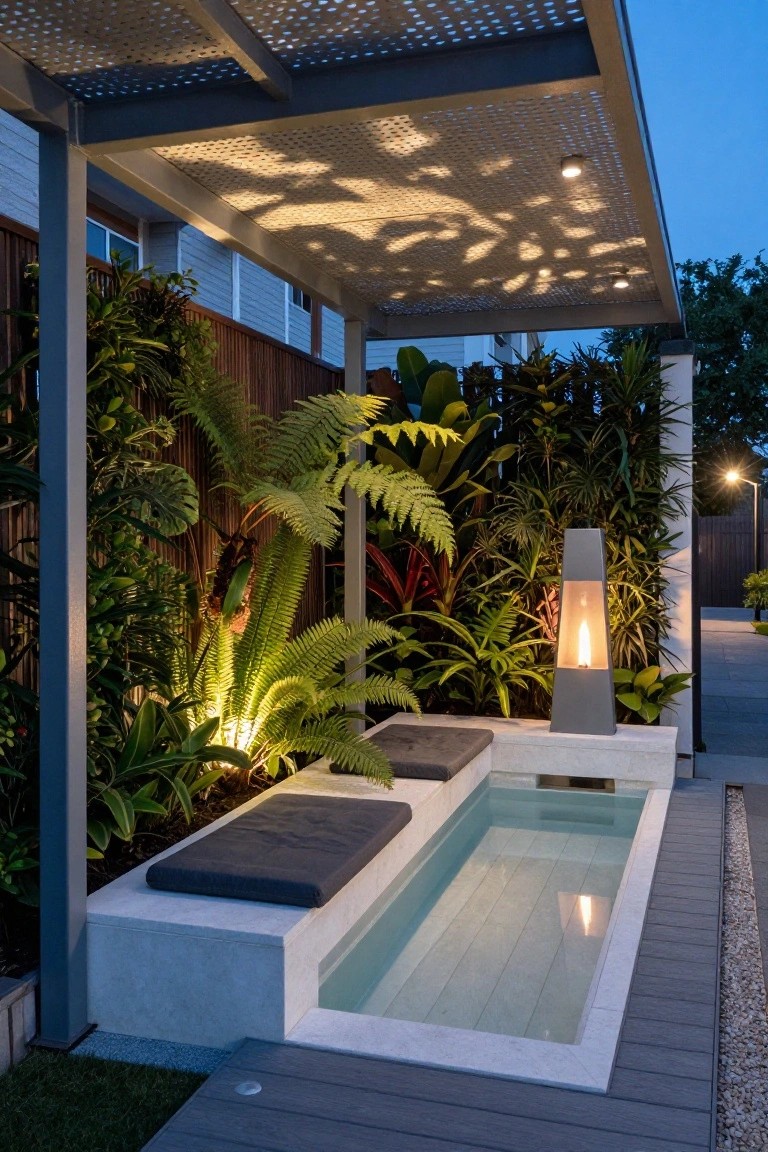 Small rectangular plunge pool with light blue water under a perforated metal pergola, surrounded by lush green tropical plants and ferns, built-in cushioned seating, a tall gray gas fire lantern, and composite decking at dusk.