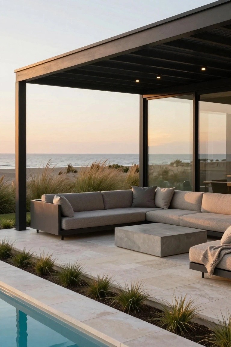 Black metal pergola covering L-shaped gray outdoor sofa on stone patio next to rectangular pool, with beach grasses, glass house wall, and ocean horizon at sunset.