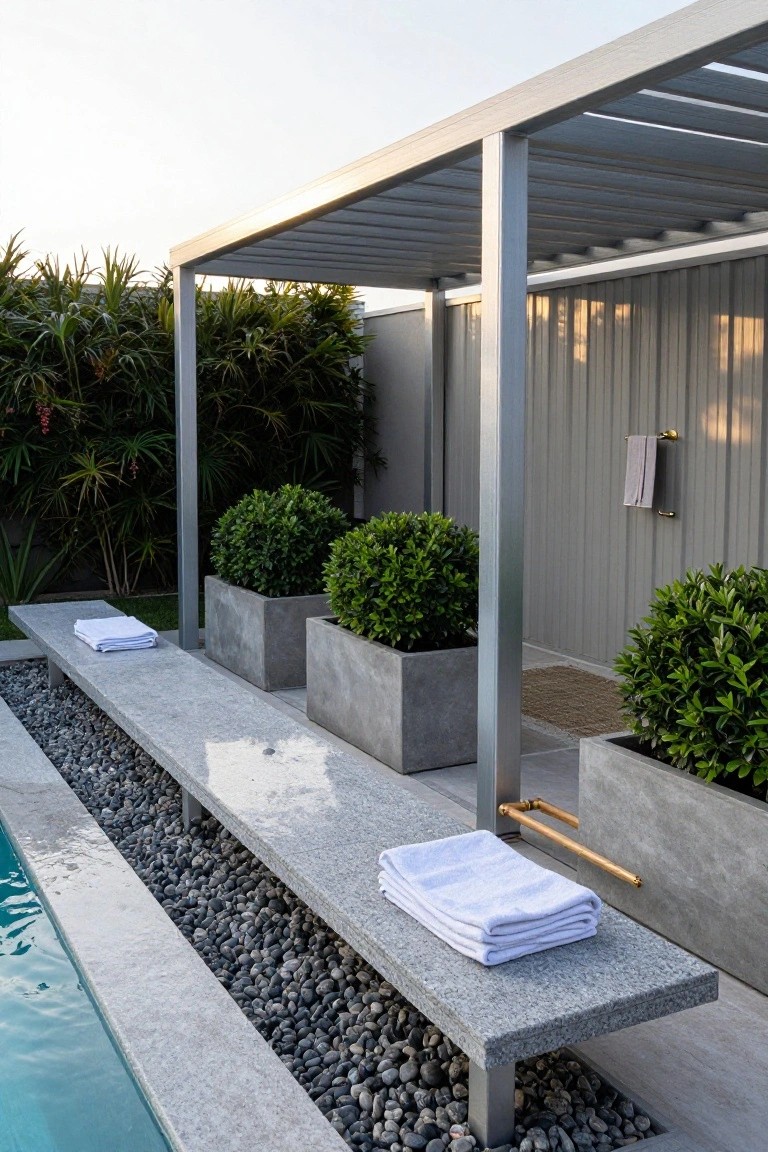 Gray concrete bench under a slatted metal pergola next to a turquoise pool, with white towels on the bench and hanging from a gold shower arm, flanked by concrete planters with green boxwood shrubs, pebble ground bordering the pool edge.