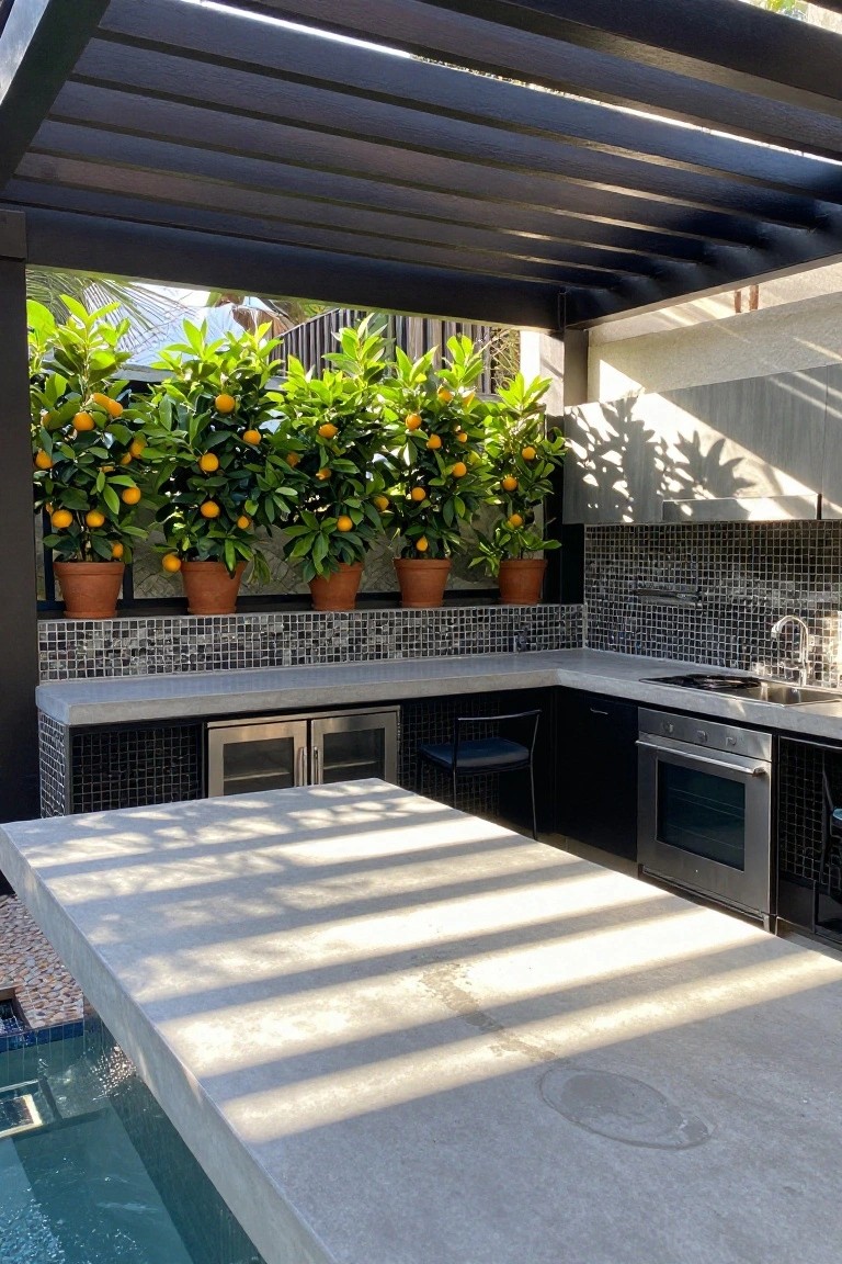 Modern L-shaped outdoor kitchen with concrete countertop, black cabinets, under-bar fridge, and sink under a black slatted pergola, with potted orange trees along the back wall next to a pool.