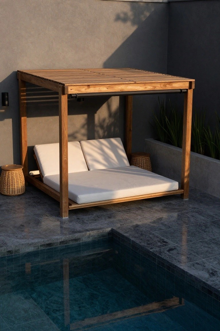 Wooden pergola structure with slatted roof over a white cushioned daybed next to a turquoise pool on gray tiled decking, with basket stools and plants nearby.
