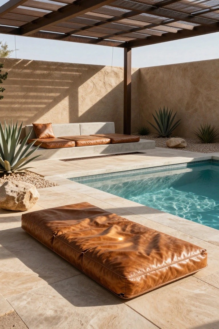Small turquoise pool with beige tiled deck and tan leather bench cushions under wooden slatted pergola, agave plants, rocks, and beige stucco wall.