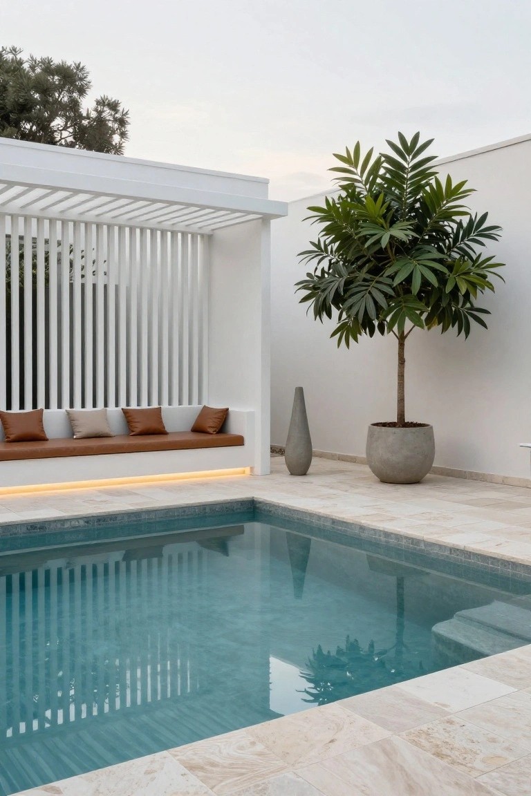 White slatted pergola sheltering a built-in bench with tan and beige cushions next to a turquoise pool edged in travertine tiles, with a large potted tree and tapered gray vase nearby.