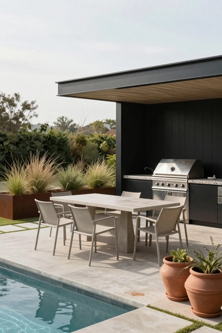 Outdoor kitchen with black paneled cabinets, stainless steel BBQ grill, and countertop under a steel-framed pergola with wood ceiling, next to a white concrete dining table, potted plants, and edge of a turquoise swimming pool on a light gray tile patio.