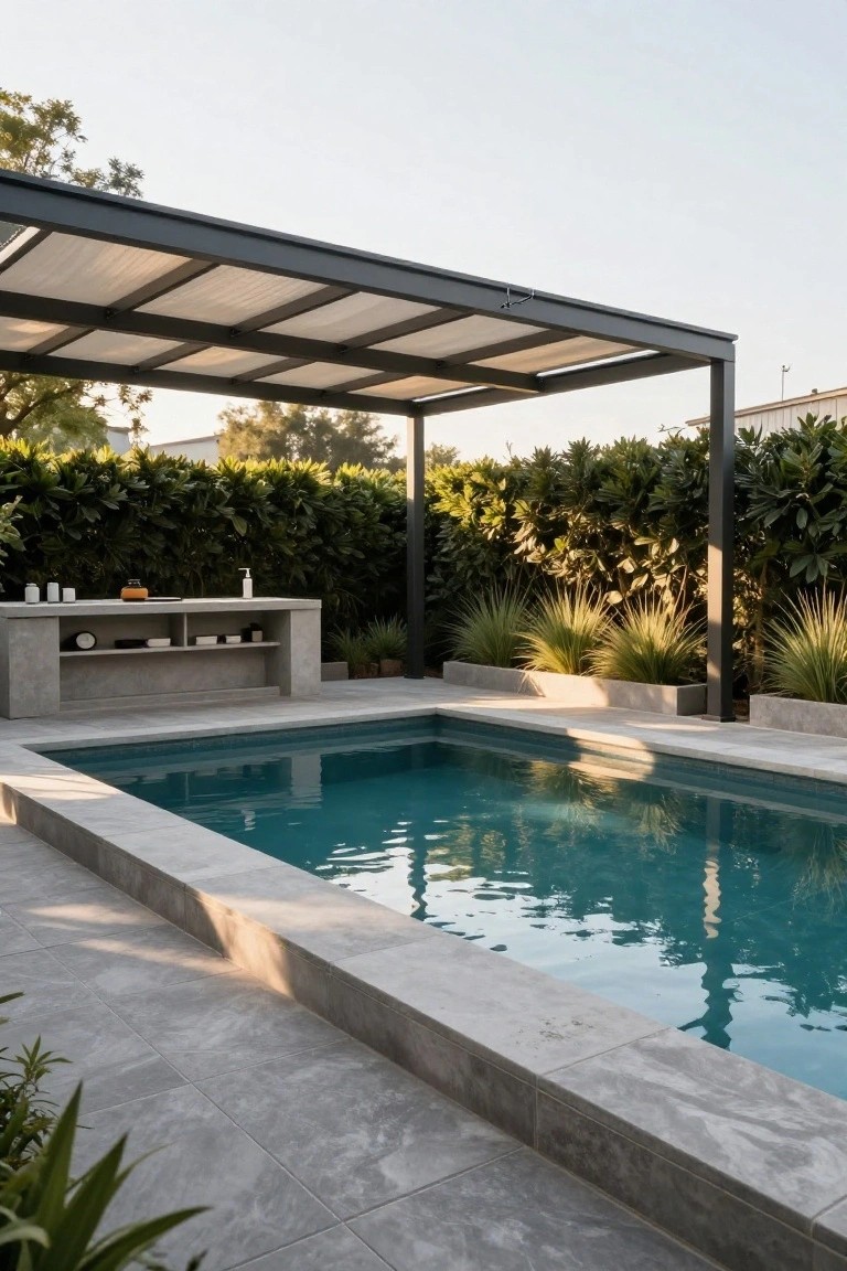 Modern pool area featuring a black metal pergola with translucent panels shading a concrete bar counter, surrounded by green hedges, potted grasses, and tiled decking.