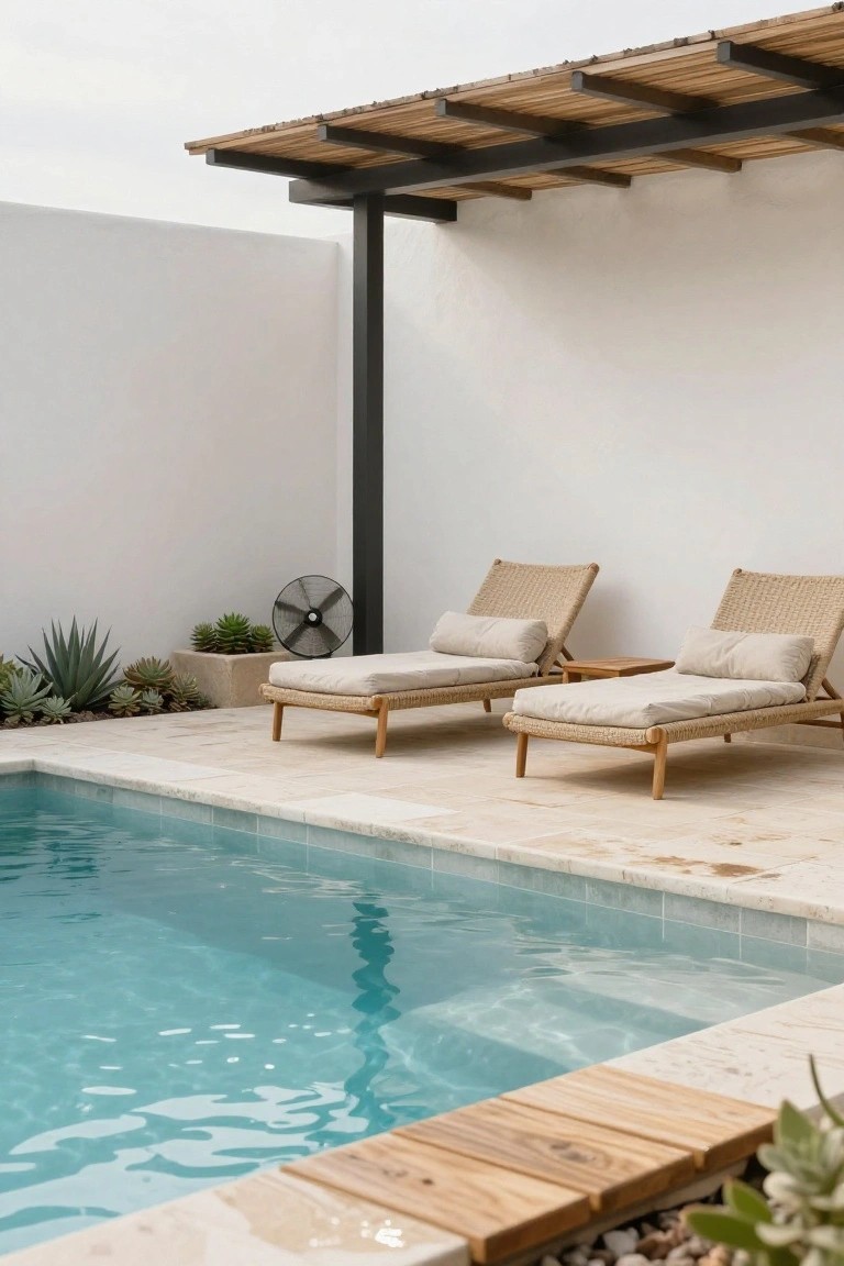 Black metal pergola with wooden slats shades two beige rattan loungers and a side table next to a turquoise pool edged in stone, with white walls, succulents, potted plants, and a standing fan nearby.