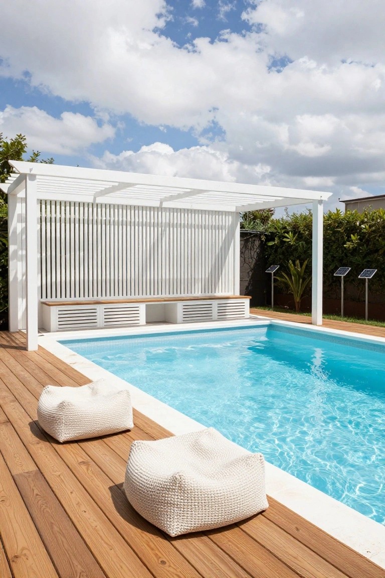White slatted pergola with integrated benches and lidded storage along one side of a rectangular turquoise pool, wooden decking, two white poufs, and solar lights nearby under partly cloudy skies.