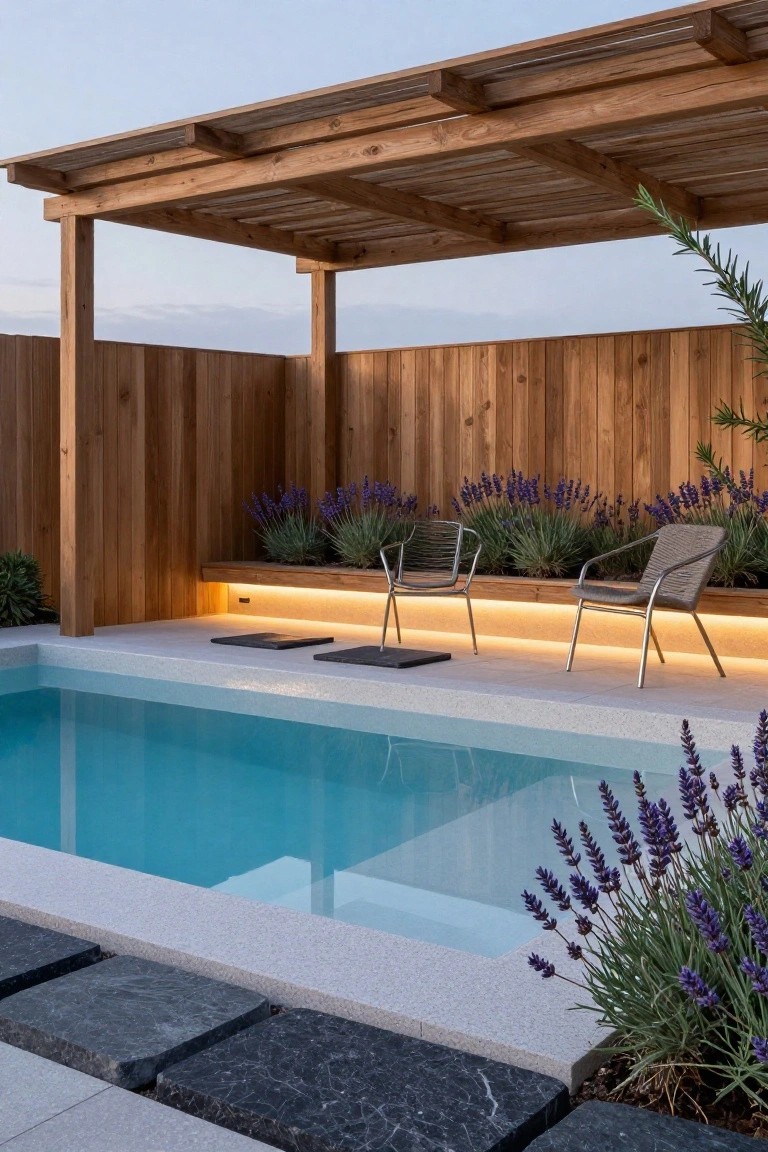 Wooden pergola over a small turquoise plunge pool with two rattan chairs on a white bench planter lined with lavender, wood fence backdrop, subtle under-bench lighting, and black stone steps.