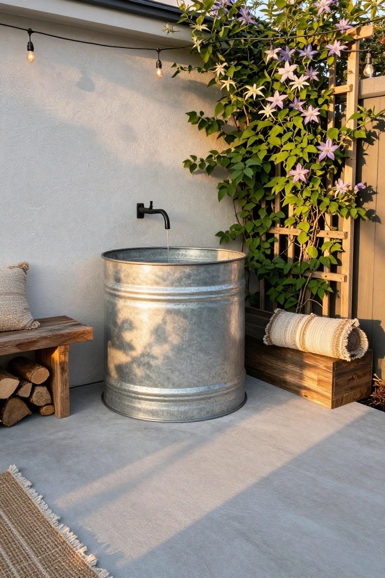 Galvanized metal stock tank on concrete patio partially filled with water flowing from black wall-mounted faucet, next to wooden bench with stacked firewood and beige cushions, against trellis fence overgrown with green vines and purple-white flowers, string lights overhead.