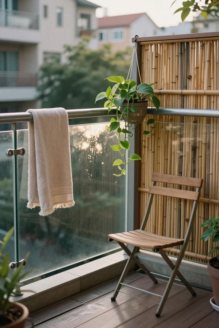 A folding wooden chair on a wooden deck balcony next to tall bamboo privacy panels, with a beige towel draped over the glass railing, hanging potted plant, and other potted plants nearby against an urban backdrop.