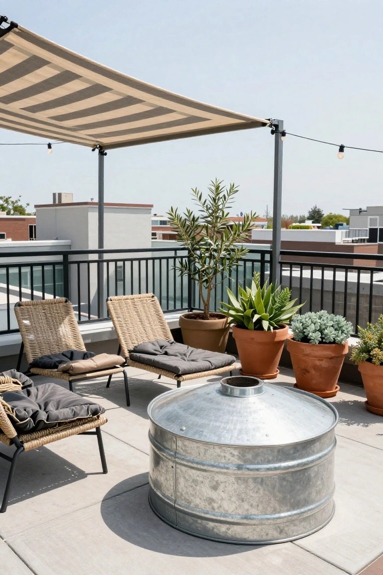 Rooftop balcony terrace with beige striped shade canopy supported by metal poles, two rattan lounge chairs with gray cushions, several terracotta pots of succulents and olive trees, central galvanized metal stock tank, black metal railing, and city buildings in the background on tiled flooring.