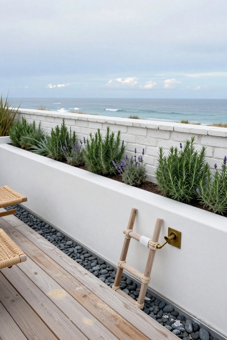 Wooden ladder leaning against a white brick wall planter box filled with rosemary and lavender on a balcony deck with ocean view, black pebbles along the base, and rattan chairs nearby.