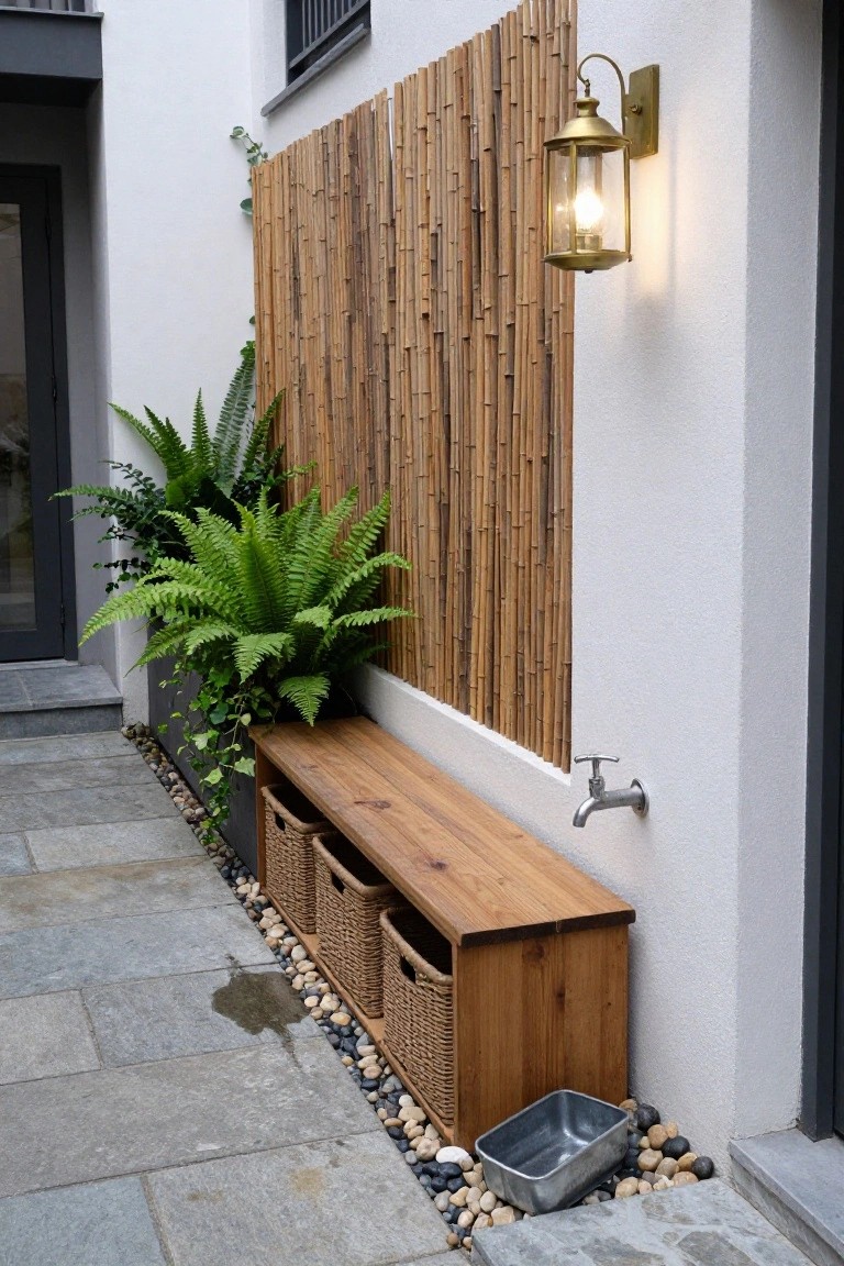 Narrow outdoor patio area featuring a wooden bench with wicker storage baskets underneath, green ferns in planters, bamboo privacy fencing, a small metal basin surrounded by pebbles on stone pavers, wall-mounted faucet, and brass lantern light on a white house wall.