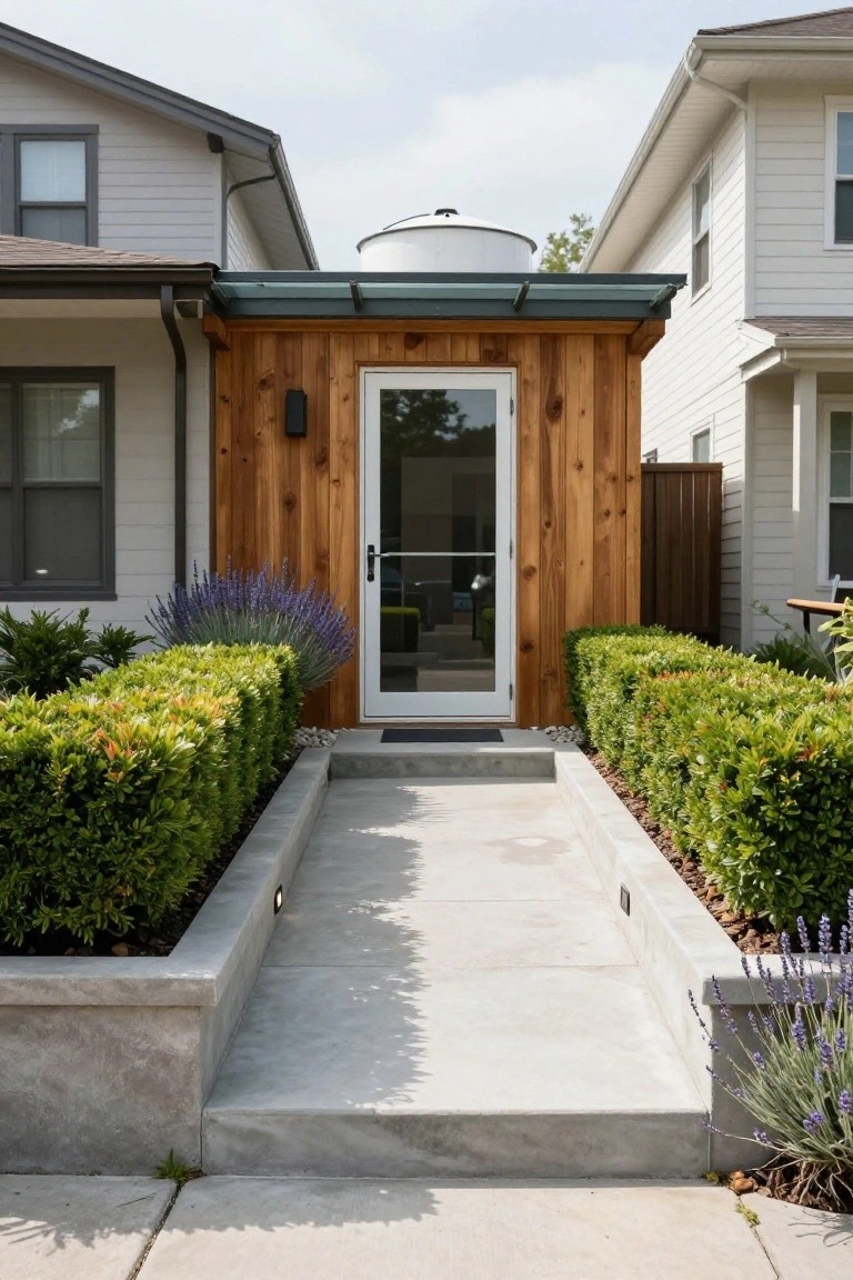 A small cedar wood structure with a glass door and white cylindrical tank on the roof under a covered area, flanked by boxwood hedges and lavender plants along a concrete path and steps in a backyard setting.