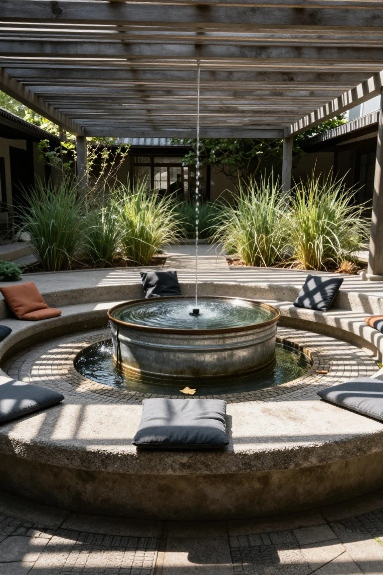 Circular concrete bench with gray and orange cushions surrounds a galvanized metal stock tank fountain in a shaded outdoor courtyard planted with tall grasses.