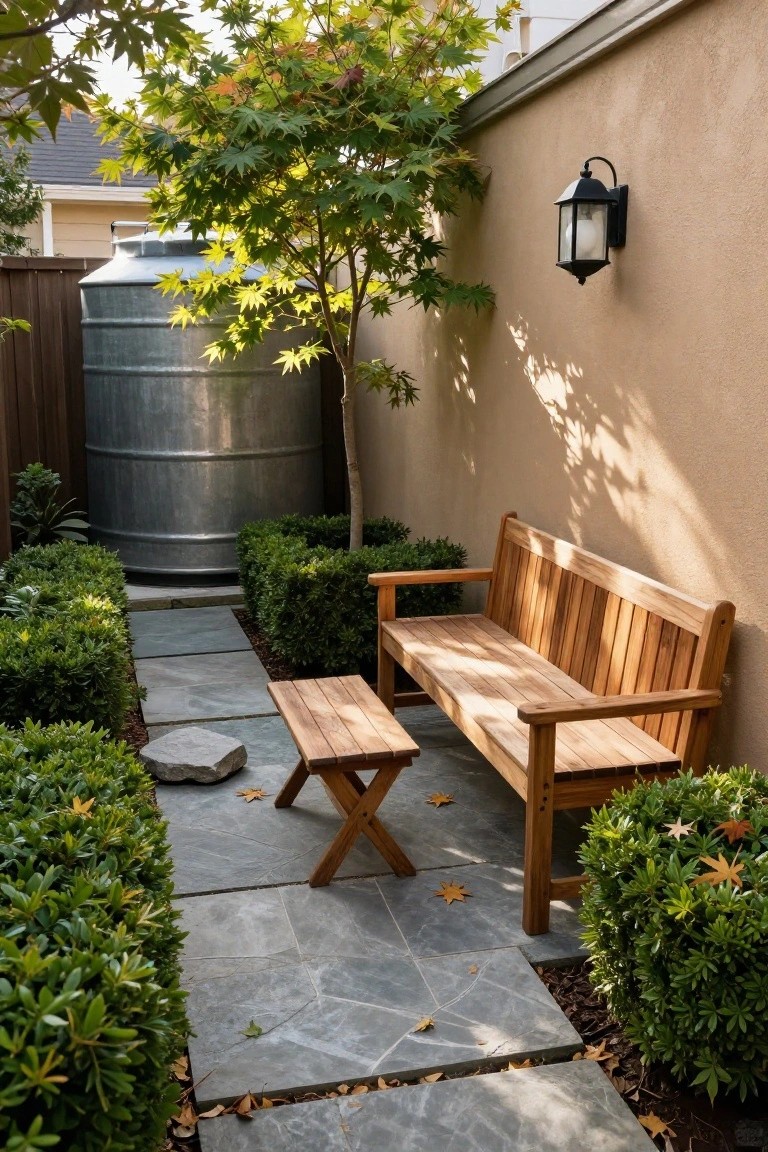 Narrow outdoor courtyard with wooden bench and footstool on gray stone path beside large galvanized metal tank, flanked by boxwood shrubs and Japanese maple tree against stucco wall.