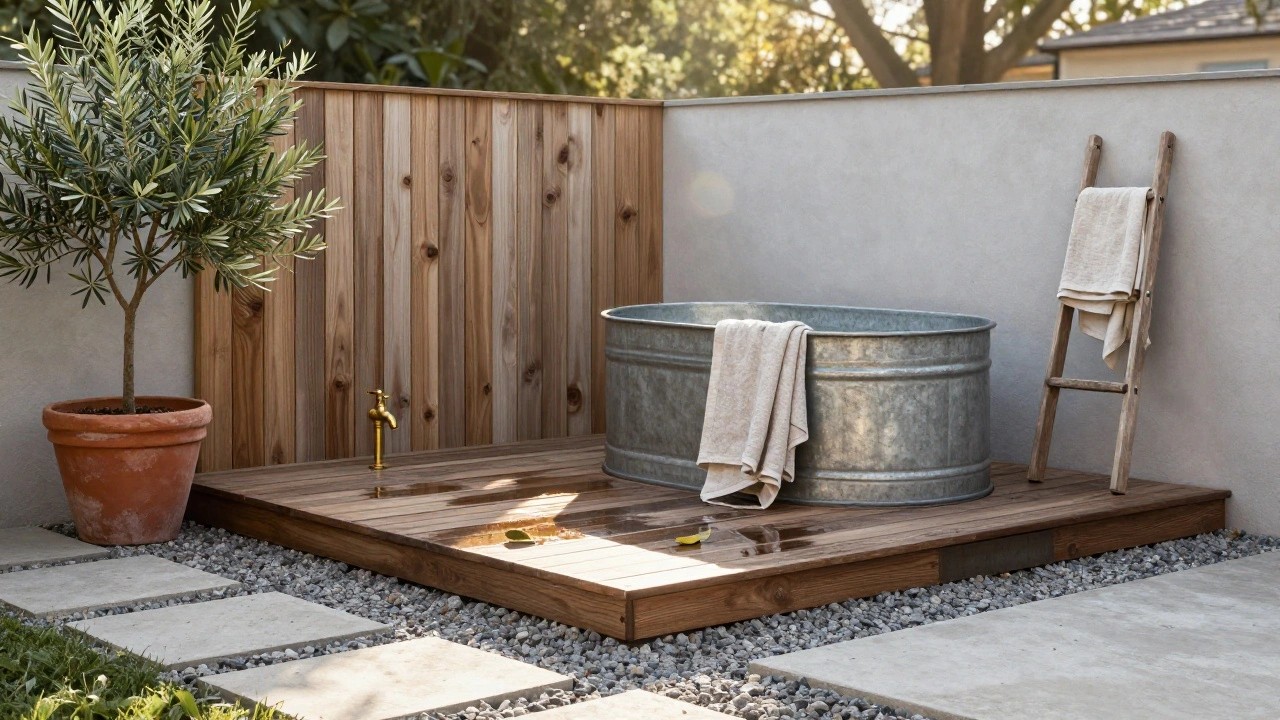 Galvanized metal stock tank used as an outdoor pool with a wooden ladder leaning against it, a beige towel draped over the ladder, gold faucet on the side, olive tree in terracotta pot, on wooden platform with pebble and paver surround.