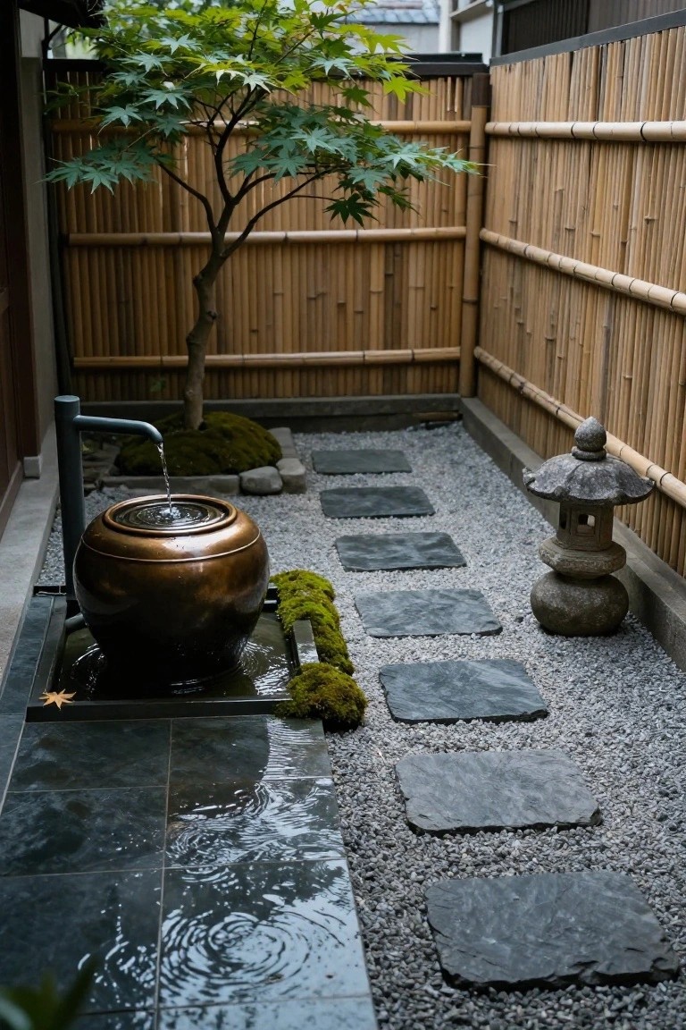 Small enclosed garden with bamboo fence, Japanese maple tree, moss patches, stone lantern, bronze water basin with spouting faucet, and irregular dark slate stepping stones in light gravel ground cover.