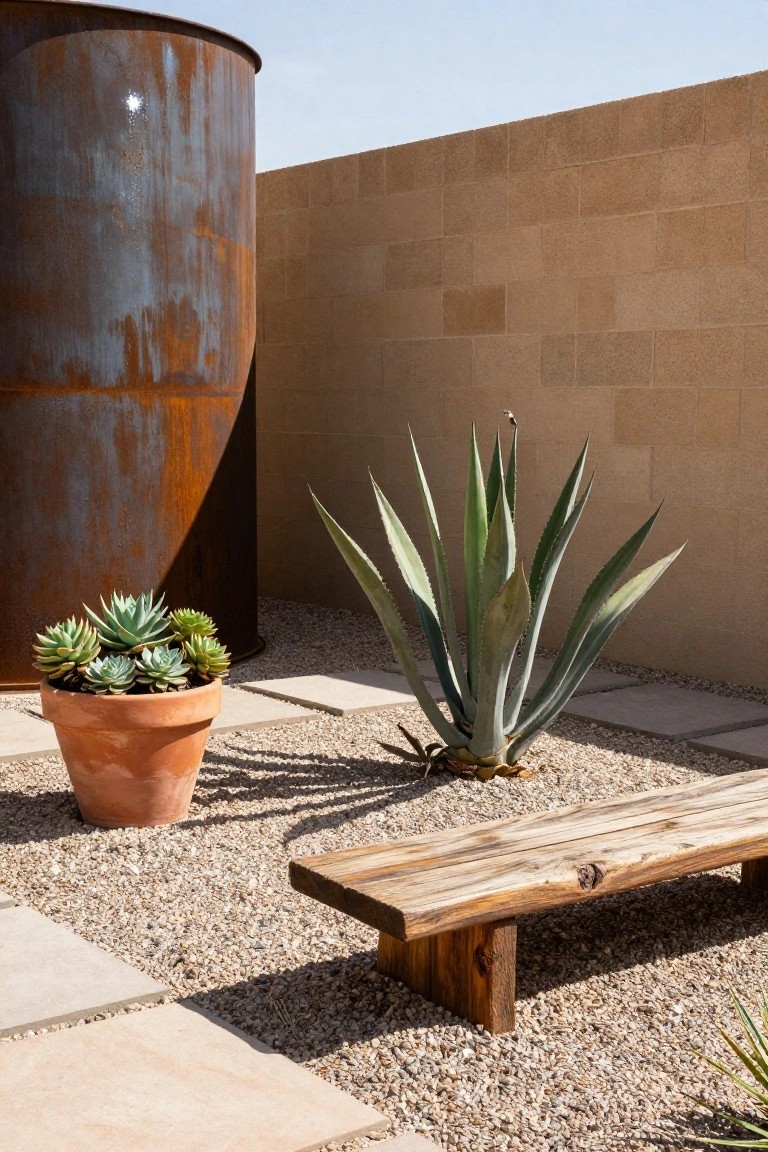 Rusted cylindrical metal stock tank against beige stucco block wall in gravel-covered outdoor yard with large agave plant, terracotta pot of small succulents, wooden bench on pavers, and scattered stone paths.