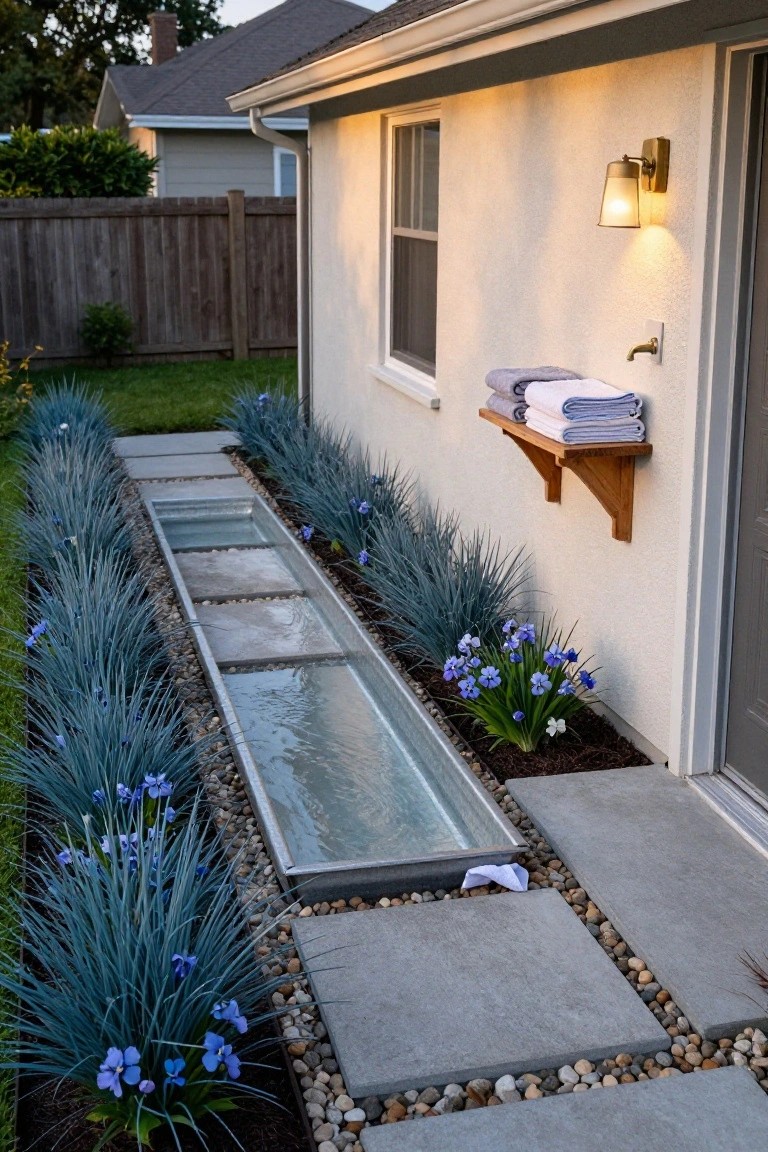 Narrow side yard pathway beside a beige house wall, featuring a long rectangular embedded pool with visible water, flanked by blue agave plants, concrete pavers, pebble edges, wooden shelf holding stacked towels, and an outdoor faucet.