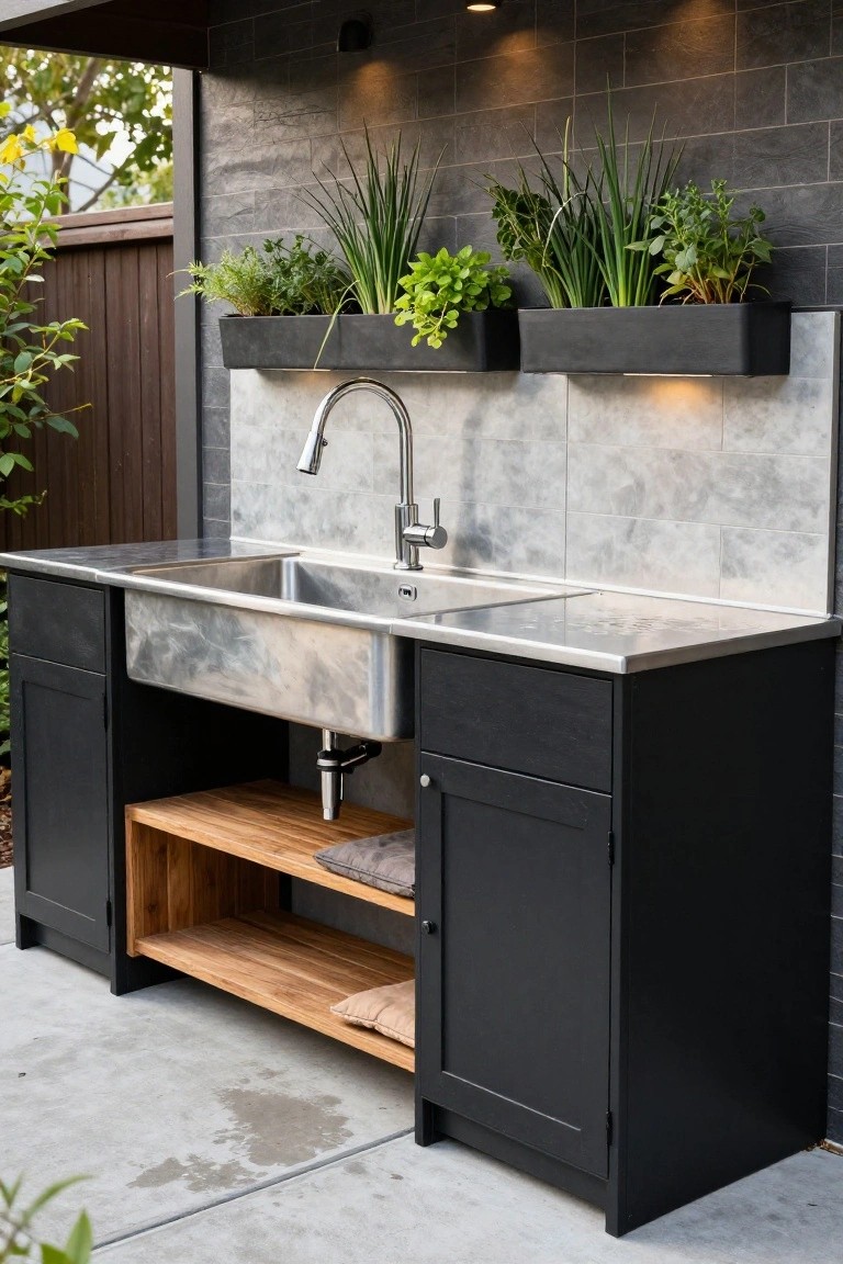 Outdoor stainless steel apron-front sink installed in black cabinetry with stainless steel countertop, wood shelf underneath holding towels, black planters with greenery above on a dark tiled wall, and wall-mounted lights.