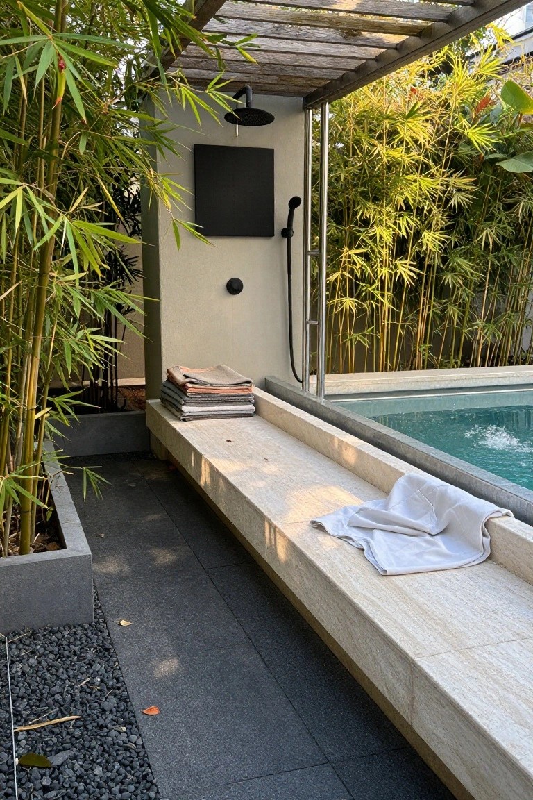 Outdoor shower with black rain showerhead on a beige wall next to a small turquoise pool, surrounded by tall bamboo plants, with a stone bench holding stacked towels and magazines on a gravel path.